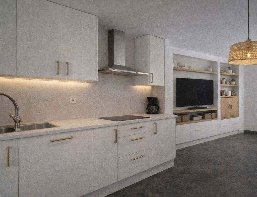 Cocina a medida con muebles blancos, tiradores dorados y mueble de salón con estantes de madera, Ibiza