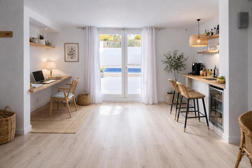 Estancia con escritorio, barra y estantes de madera hechos a medida, con salida a la piscina, Ibiza